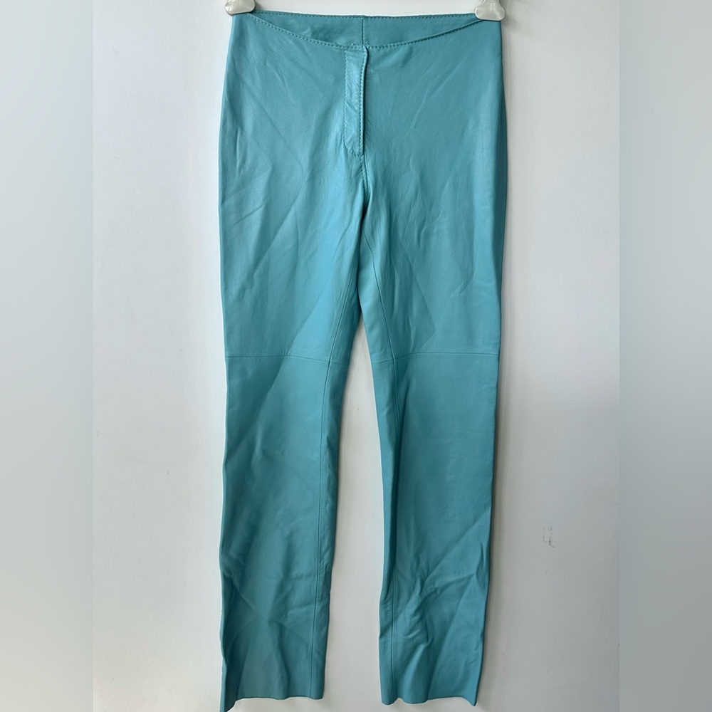 EUC BEBE Genuine Leather Turquoise pants, size 10